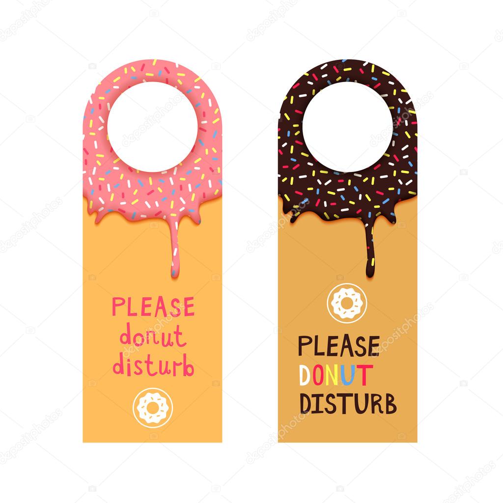 Hotel Do Not Disturb Door Hanger with Donuts Illustrations. Funny Facetious Signs