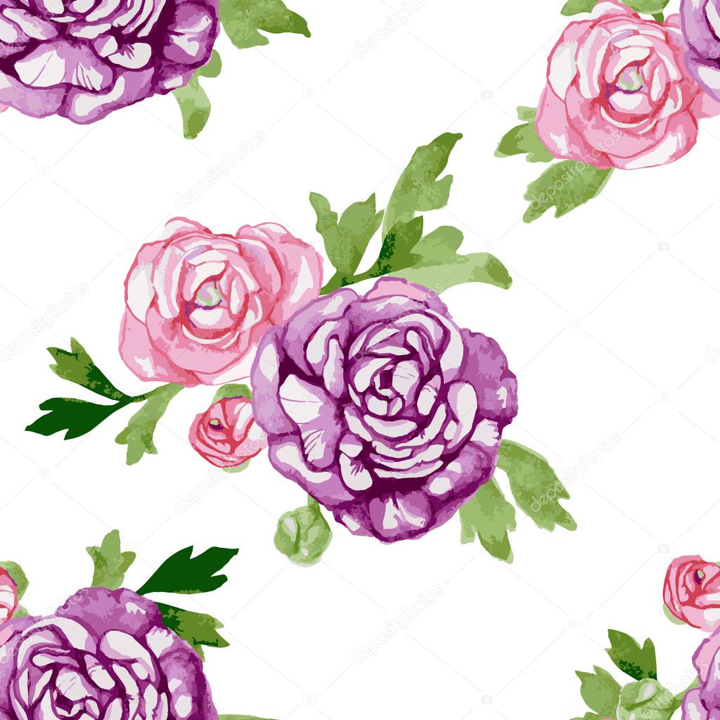 Watercolor Seamless Pattern with Blooming Flowers