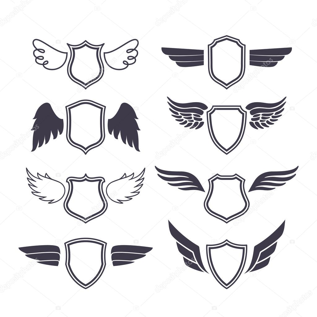 Shields with Wings. Vector Silhouettes. Heraldic Design Elements for Logos, Emblems, Badges and Labels