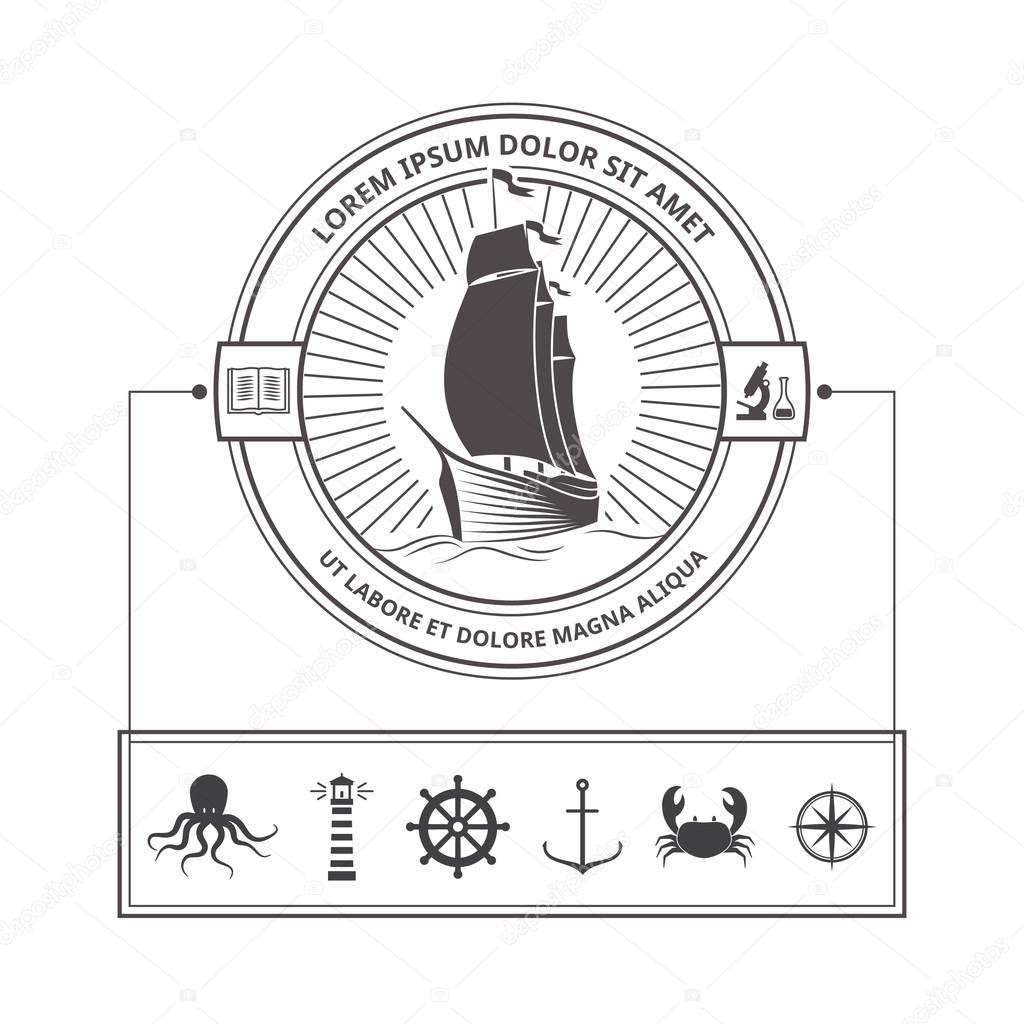 Vector Set of Nautical Icons for Badges in Vintage Style. Hipster Logo Template. Ship with Sails Related Emblems, Labels and Design Elements