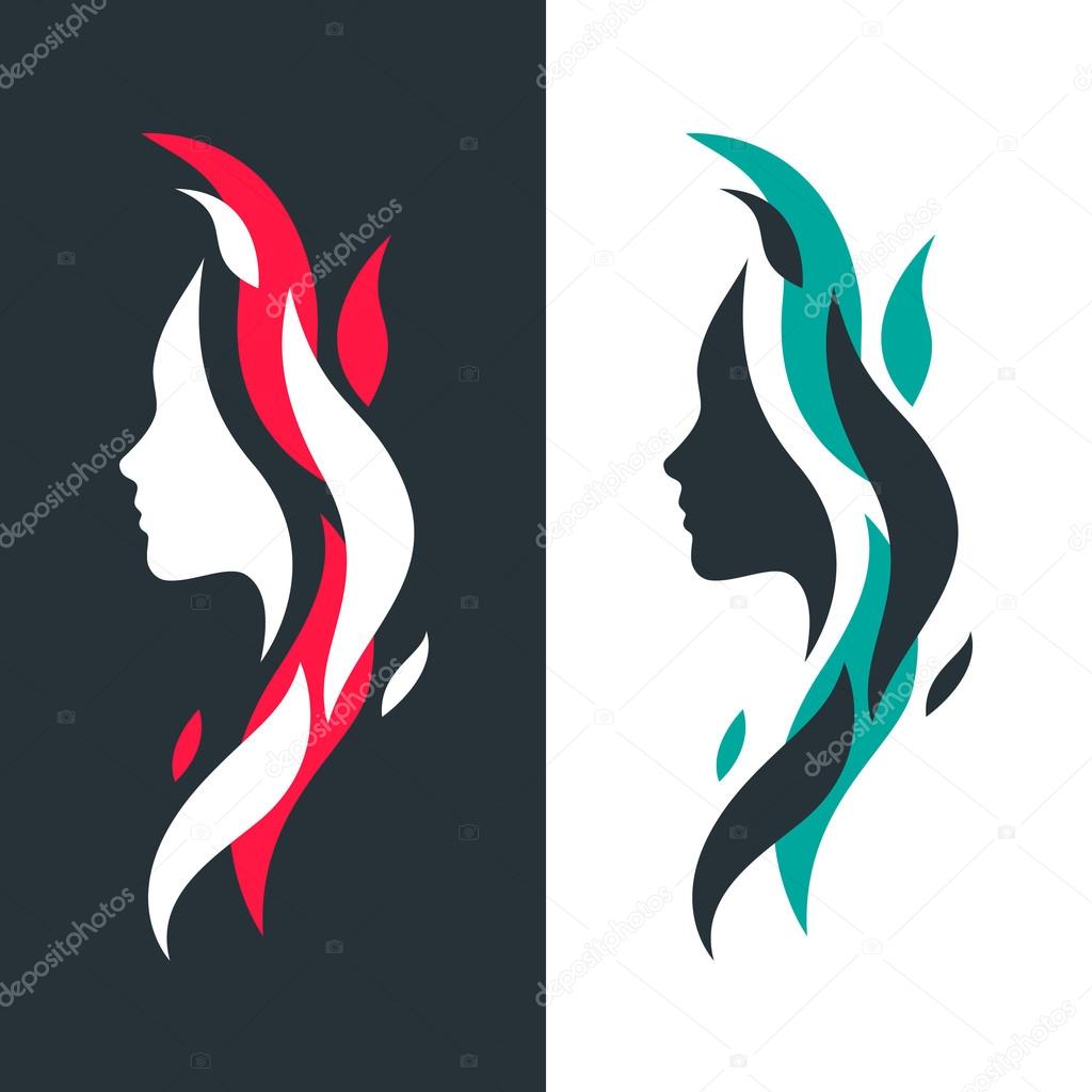 Set of Female Profiles with Abstract Colorful Waves