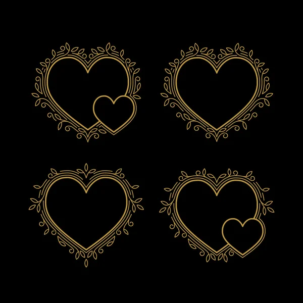 Ensemble de cadres décoratifs en or en forme de coeur . — Image vectorielle