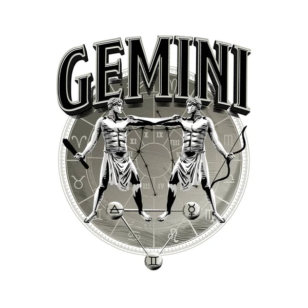 Astrolojik vektör, Zodiac Gemini 'nin güzel romantik çizgileri. Görüntü izole edildi. Etnik tasarım, kullanım için mistik burç sembolü. Dövme sanatı, astroloji ve ezoterik için ideal 
