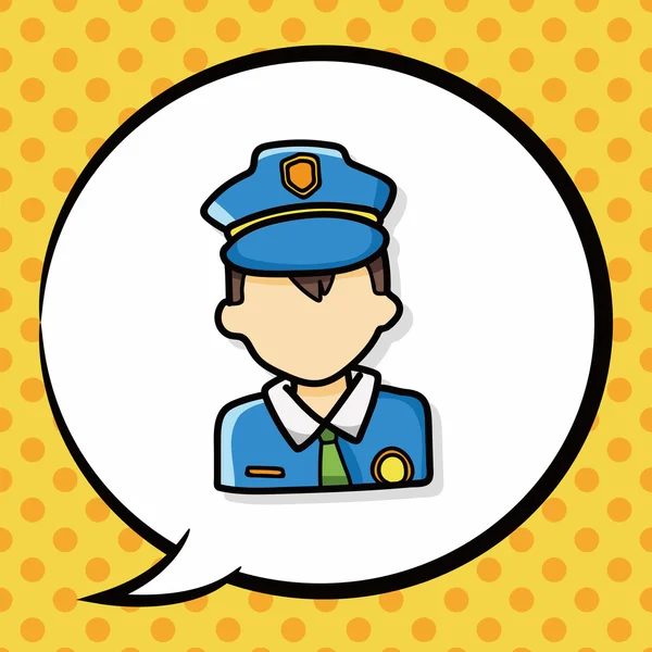 Carreira personagem policial doodle, bolha de discurso — Vetor de Stock