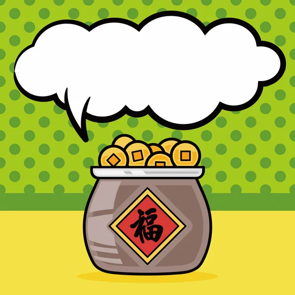 Año nuevo chino oro doodle dinero, discurso burbuja vector ilustración — Vector de stock
