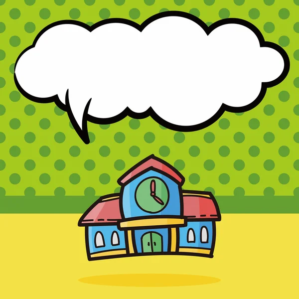 Iskola épület színes doodle, beszéd buborék vektoros illusztráció — Stock Vector