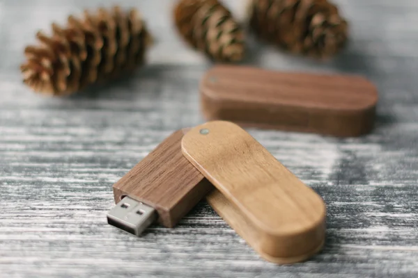 Koyu arka plan üzerinde yaratıcı ahşap usb sopa