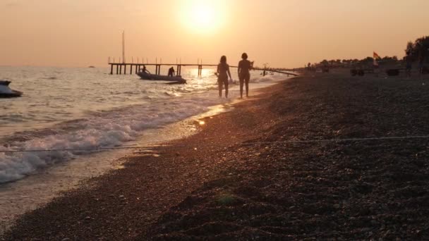 Kobiety Przechadzające Się Plaży Zostawiające Ślady Piasku Fale Morskie Molo — Wideo stockowe