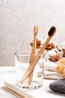 Banyo beyaz arka planda doğal aksesuarlar.