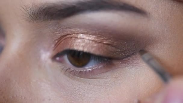 El maquillador aplica sombras de bronce en el ojo femenino — Vídeo de stock