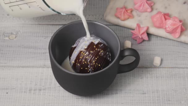 Chocolade cacao bom met mini marshmallows smelt met warme melk. — Stockvideo