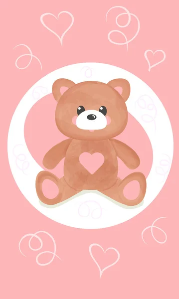 Cute Cartoon Teddy Bear Pink Heart Drawing Watercolor Brushes Pink — Stock Vector