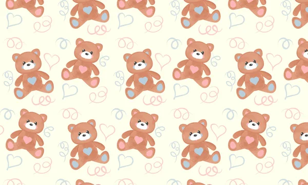 Beyaz arka planda suluboya fırçalarla çizilen pembe ve mavi kalpli sevimli oyuncak ayıların kusursuz deseni