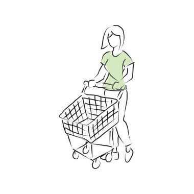 Alışveriş arabasıyla kadın çizmek soyut bir çizgidir. Çizim tarzında resimleme alışverişi. Alışveriş arabalı bir kadın. Robot resim çizimi.