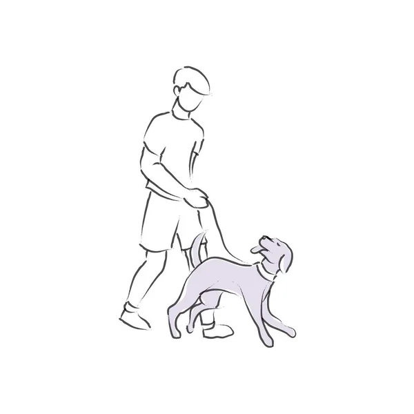 Línea Abstracta Dibujando Joven Paseando Con Perro Propietario Ilustración Mascotas — Vector de stock