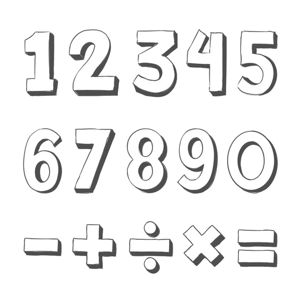 Conjunto Números Dibujados Mano Gracioso Garabato Tridimensional Contorno Signos Matemáticas — Vector de stock