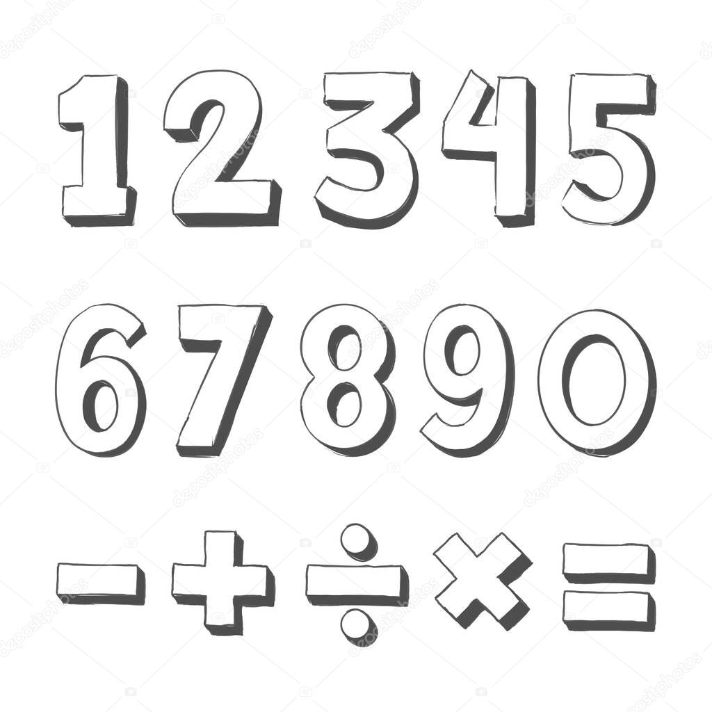 Set of hand drawn numbers. Funny doodle three-dimensional contour math signs. Number doodles - Vector