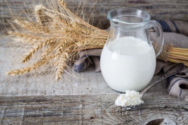 Rustik ahşap bacground üzerinde süt ürünleri yelpazesi