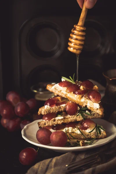 Tostadas con queso de cabra, uvas, frutos secos y miel — Foto de Stock