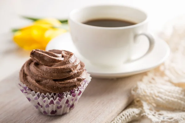 Chocolate cupcakes on white wood background — Stock Photo, Image