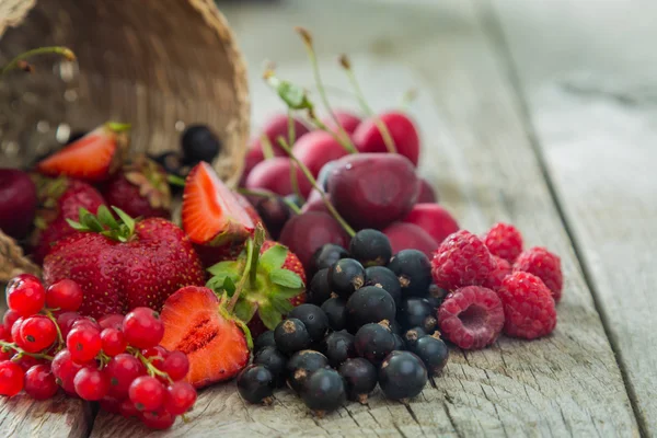 Выбор разноцветных ягод на деревенском фоне — стоковое фото