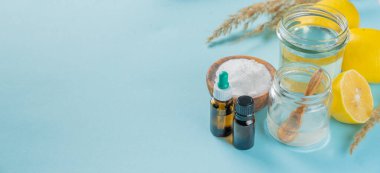 Sıfır atık ve eko temizleyici - mavi arkaplanda malzemeler