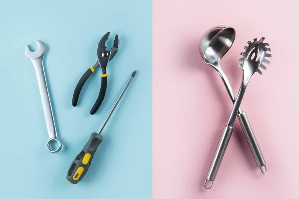 Gender stereotypes concept - female and male objects on pink and blue background — 스톡 사진