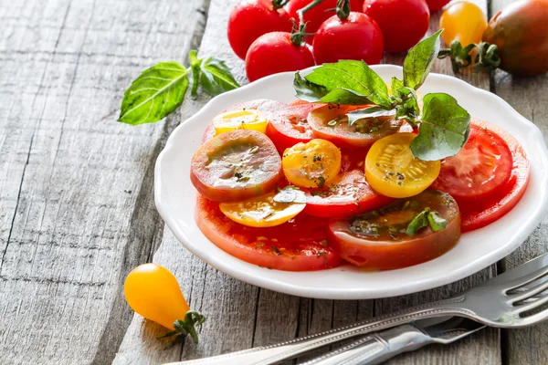 Kolorowy pomidor sałatka bazylia — Zdjęcie stockowe
