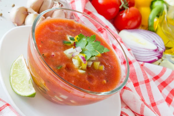 Sopa de verão gaspacho e ingredientes — Fotografia de Stock
