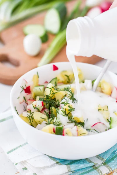 Soup with fresh vegetables and kefir — Stock Photo, Image
