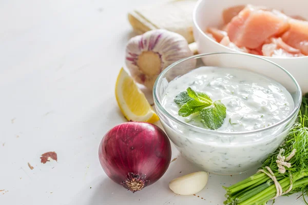 Tzatziki 소스와 고기 케밥에 대 한 — 스톡 사진