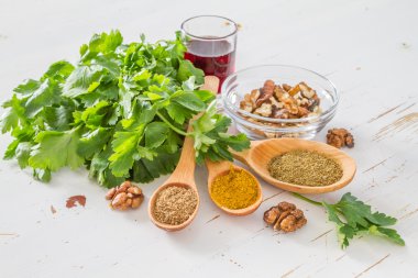 Georgian walnut sauce ingredients clipart