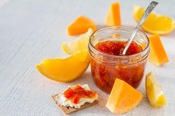 재료-오렌지, 레몬, 호박 잼 — 스톡 사진