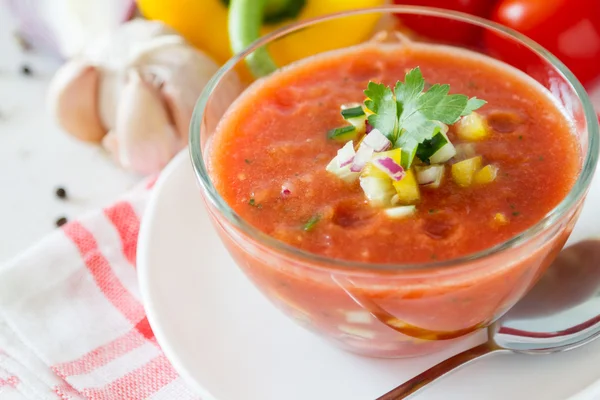 Sopa de verão gaspacho e ingredientes — Fotografia de Stock