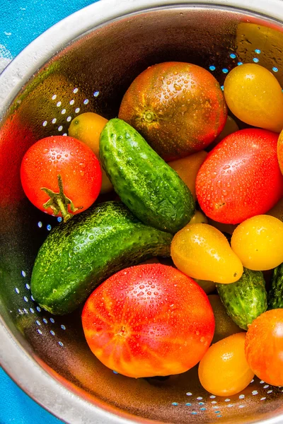 Красные и желтые помидоры и огурцы — стоковое фото