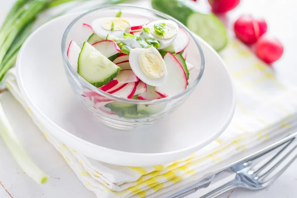 Йогуртовий салат у скляній мисці з інгредієнтами — стокове фото