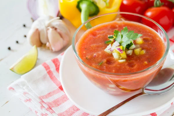 Gazpacho Sommersuppe und Zutaten — Stockfoto