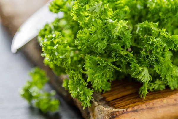 Fond d'herbes - persil, planche de bois — Photo