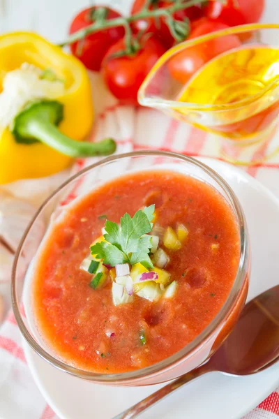 Sopa de verão gaspacho e ingredientes — Fotografia de Stock