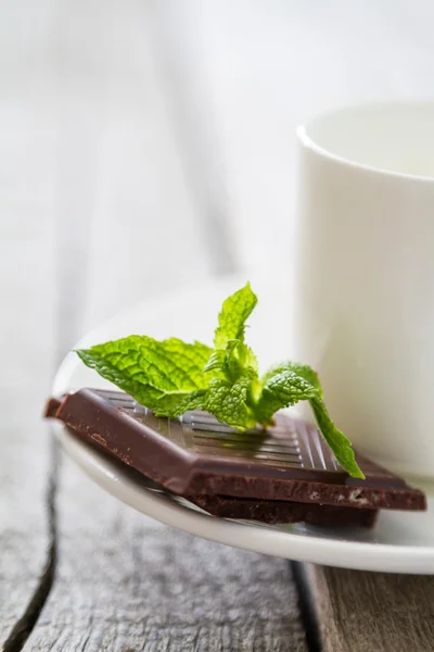 Chocolate and mint leaves — Stock Photo, Image