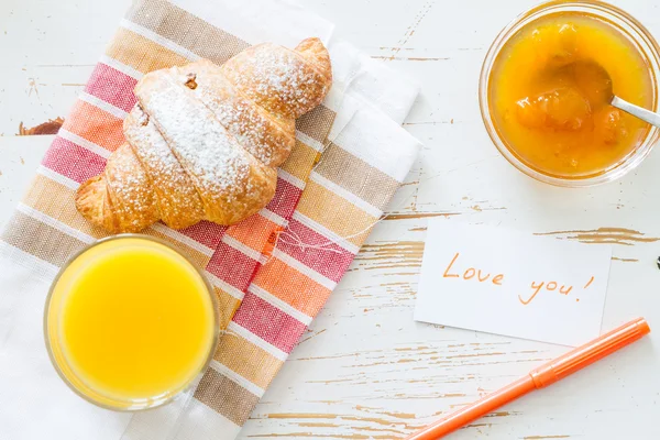 Breakfast note - croissant coffee jam — Φωτογραφία Αρχείου