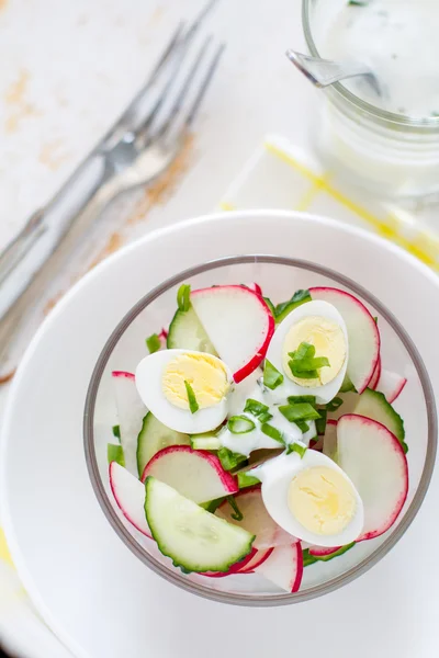 Салат из йогурта в стеклянной миске с ингредиентами — стоковое фото