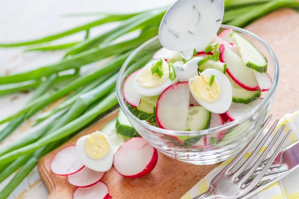 Салат из йогурта в стеклянной миске с ингредиентами — стоковое фото