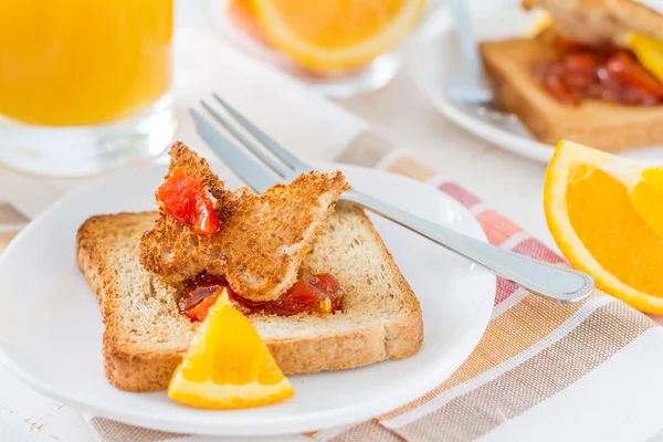 Easter breakfast -   butterfly toast with jam — Stock Photo, Image