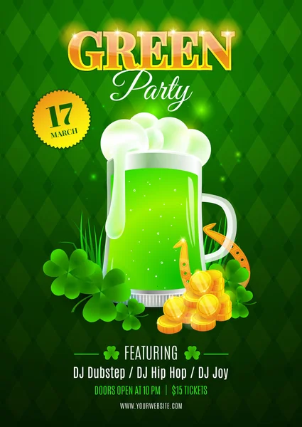 Flyer van de groene partij. Kaart van de uitnodigende voor St. Patrick's Day viering — Stockvector