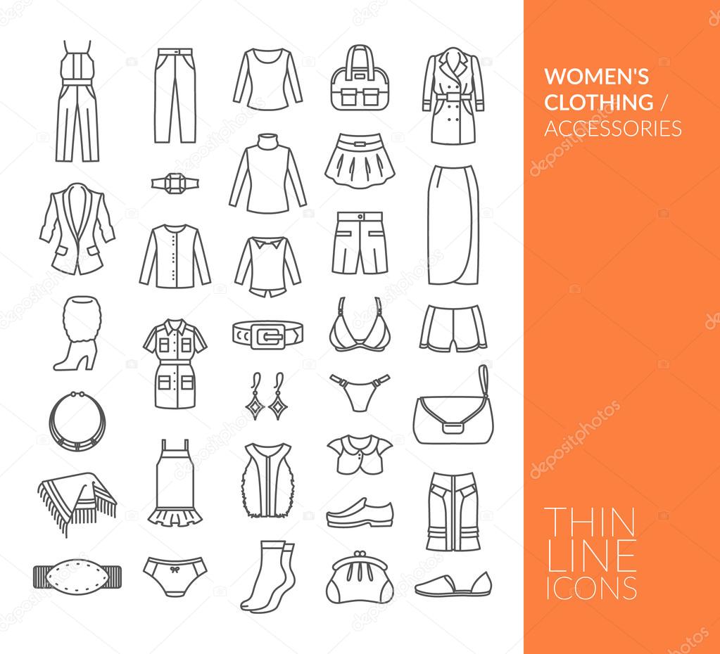Set with thin line icons. Women's clothing and accessories