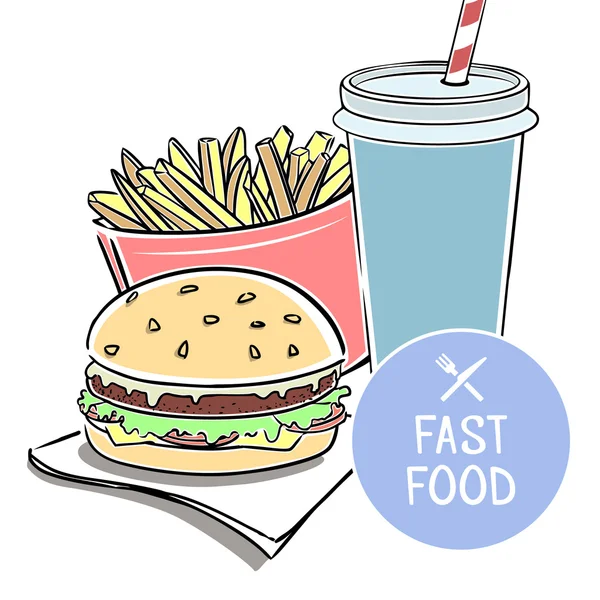 Comida rápida. Ilustración vectorial con hamburguesa con queso, refrescos y papas fritas para llevar — Vector de stock