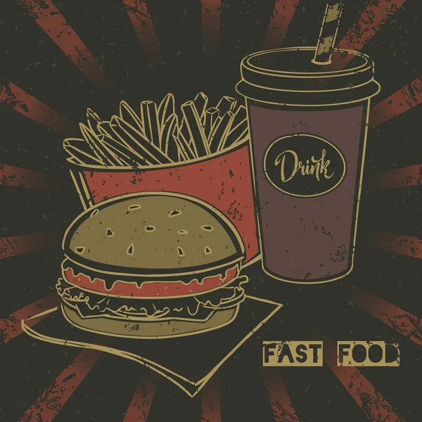 Cartel de comida rápida grunge con hamburguesa con queso, refrescos y papas fritas para llevar — Vector de stock