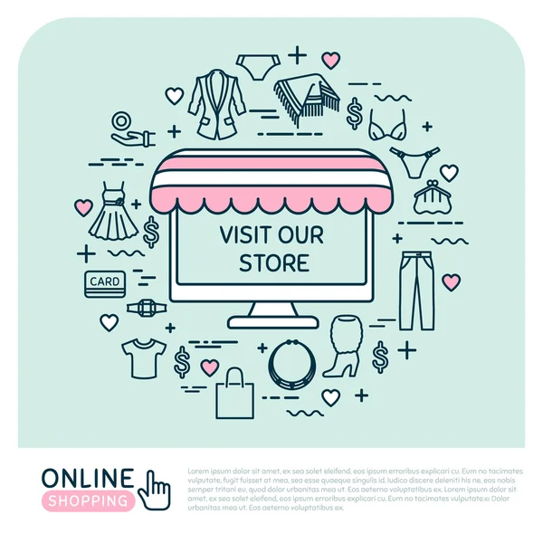 Online shopping. Vector tunn linje ikoner. Med kvinnakläder — Stock vektor