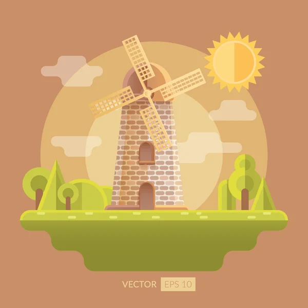Plochá vektorové ilustrace s mlýnkem a zahrada — Stockový vektor